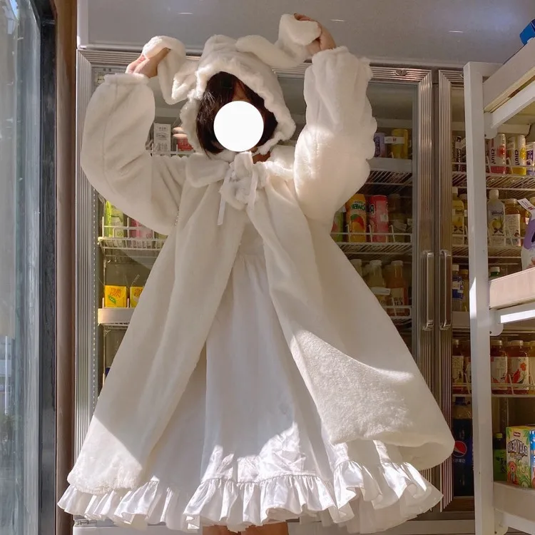 Japanese Girl Fleece-Lined Thickened Fur Coat Women Cute 2022 Autumn and Winter New Lolita Rabbit Ears Lolita White Plush Coats