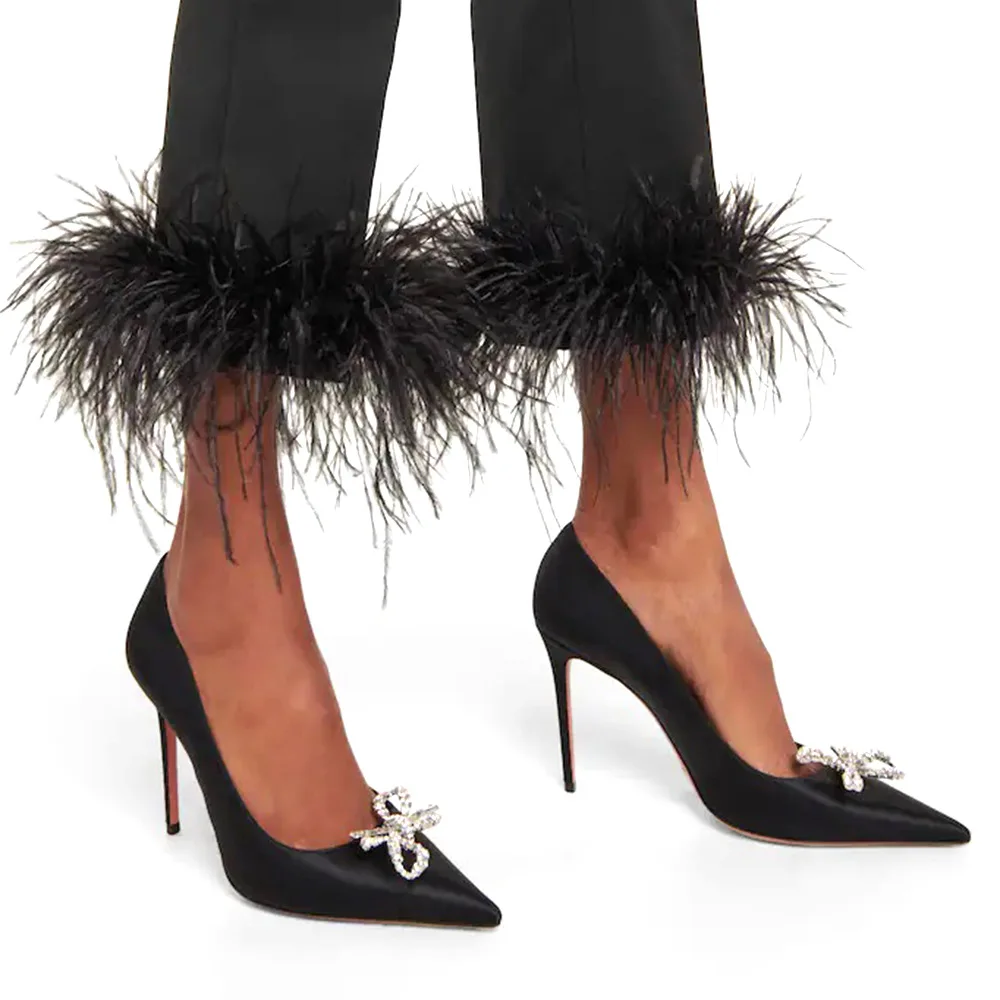 

Женские атласные туфли, однотонные туфли на шпильках, без застежки, с кристаллами, с бантом-бабочкой, черного цвета