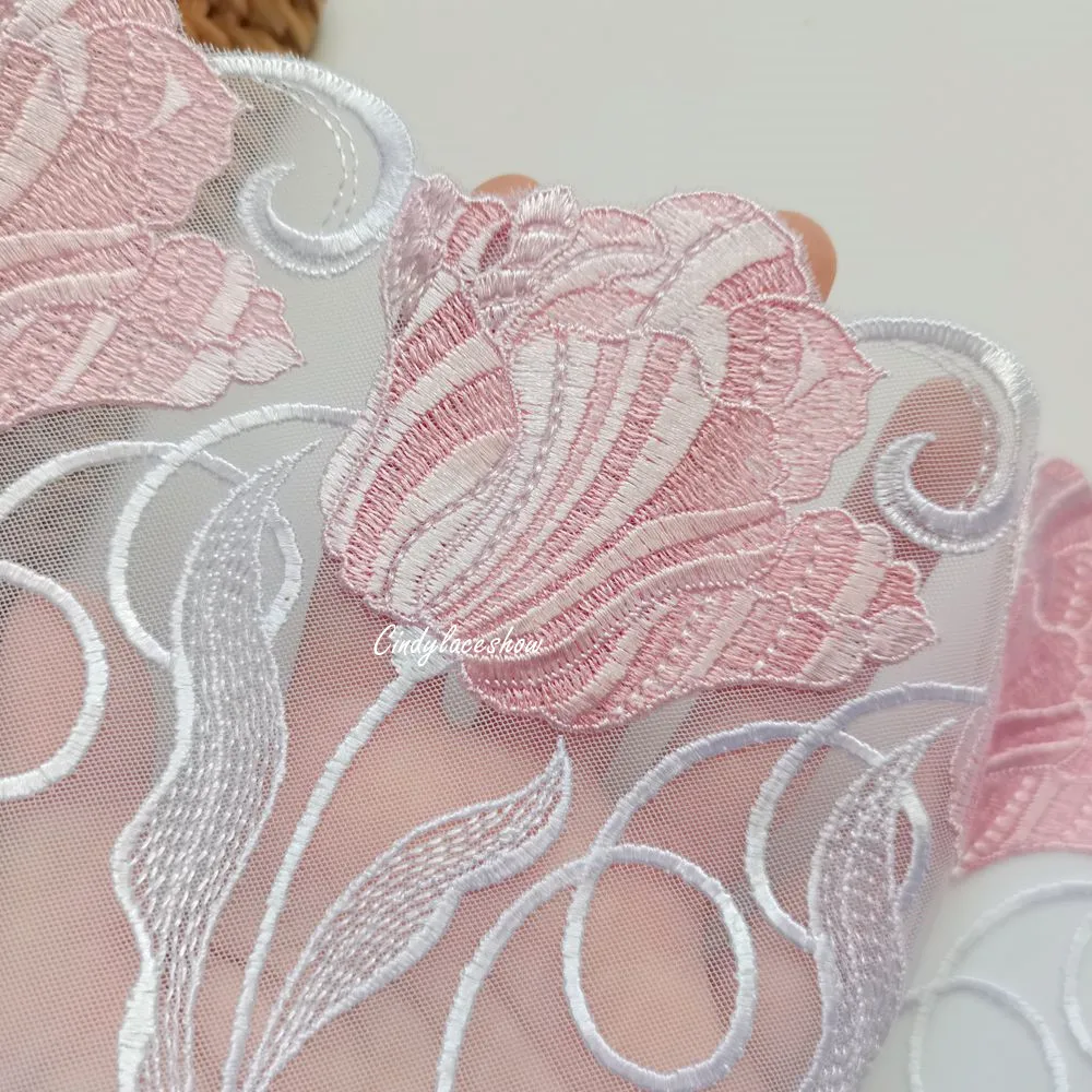 1 метр Ширина 24 см розовая большая Цветочная вышитая кружевная отделка белая