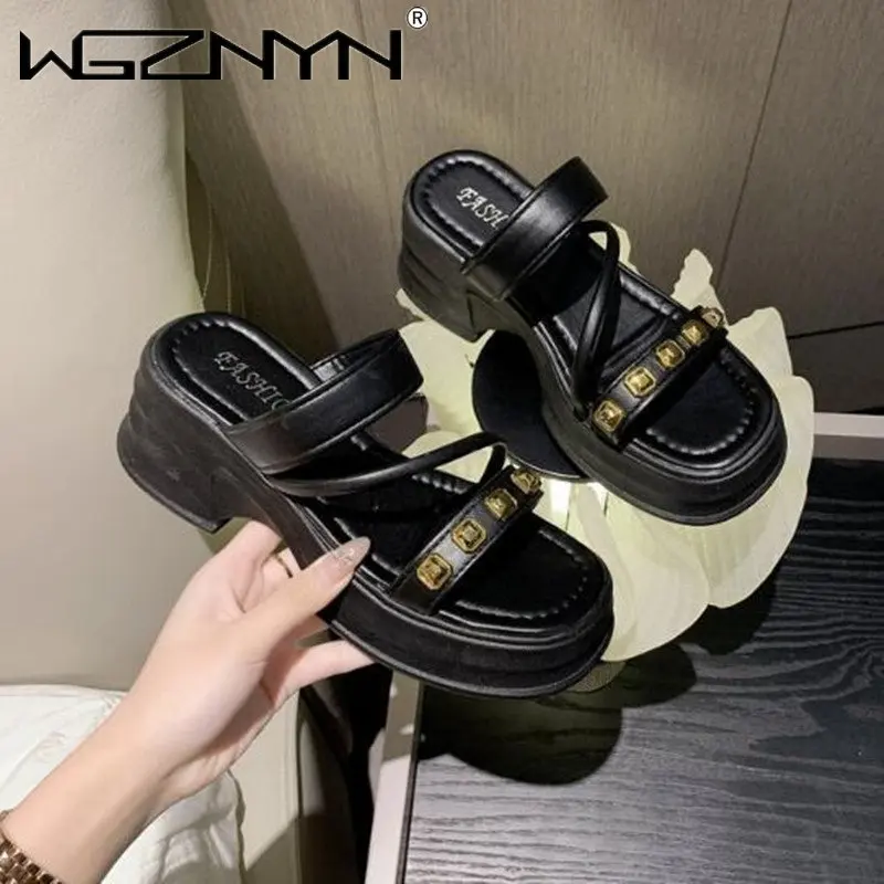 

New Summer Slippers Women 2023 Round Toe Sandals Platform Shoes Chunky Heels Shoes for Women Handmade Comfort Slippers Women