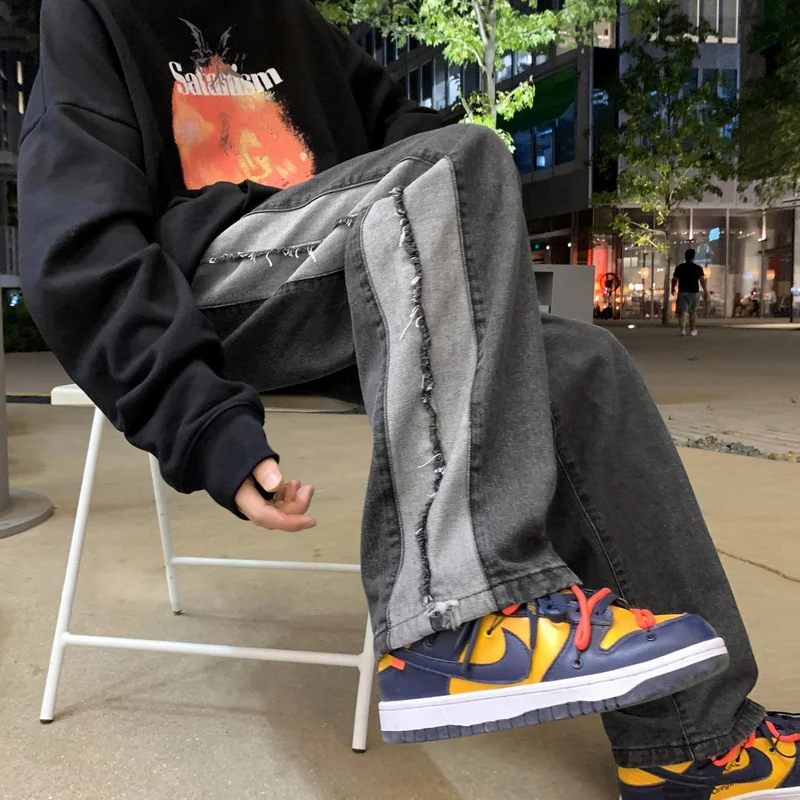 DEEPTOWN Patchwork Jeans Men Black Blue Denim Pants Male Streetwear Hip Hop Loose Causal Straight Trousers Fashion Spliced