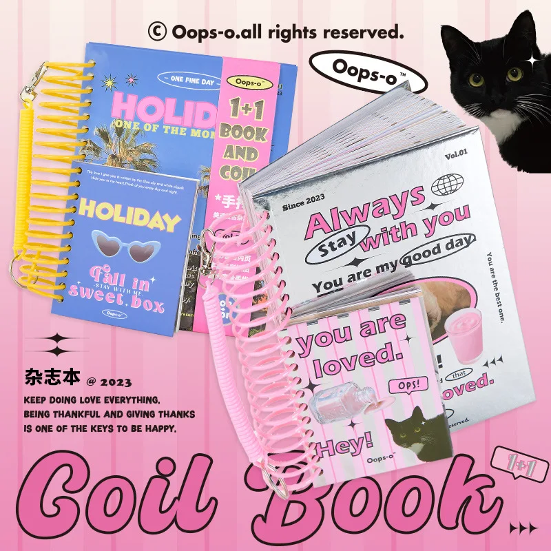 1+1 2Pcs American Retro Magazine Coil Book Portable Journal Binder Cute Stickers Diary Notebook Girl Gift Planners