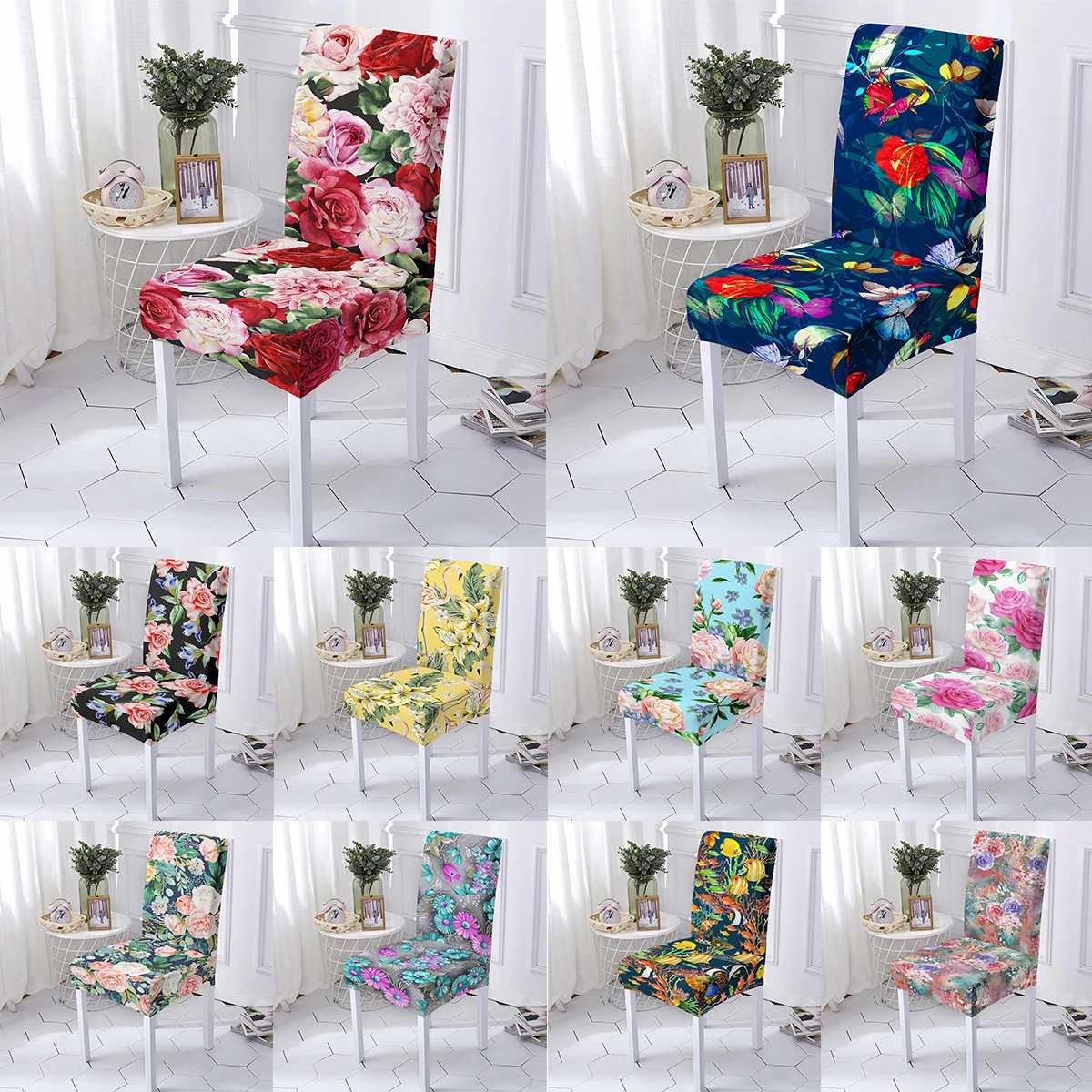 

Rose Flowers Chair Cover Elastic Chair Slipcovers Stretch Dining Chair Covers Used For Wedding Banquet Hotel Mother's Day Gift