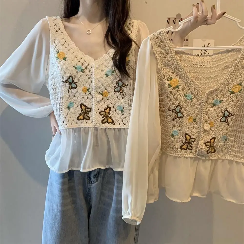 Spring new style French retro temperament crochet hollow small daisy embroidery loose V-neck chiffon shirt blouse images - 6