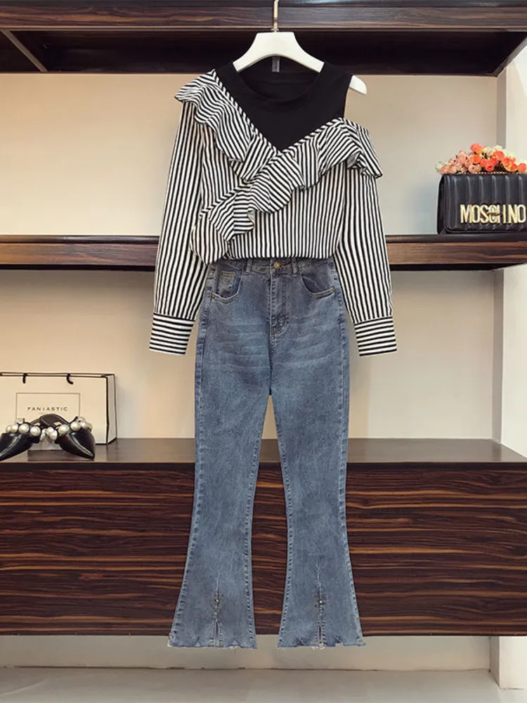 

Women Spring Pant Sets Korean Casual Off The Shoulder Striped Patchwork Long Sleeve Chiffon Blouse And Denim Pant 2PCS