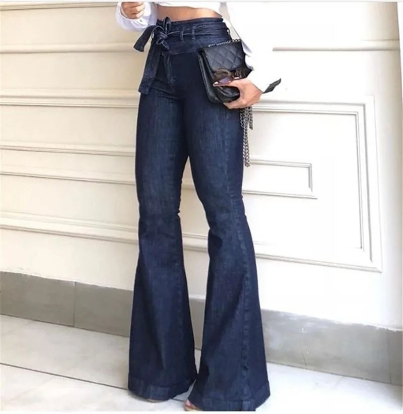 Women's Fashion Little Stretch Full Length Flare Pants Denim Female Blue Autumn High Waist Lace Up Boot Cut Jeans Cords Trousers