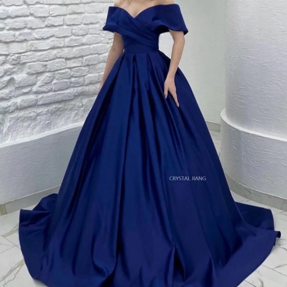 

Evening Dresses Ladies Long Off the Shoulder Satin Natural Waist Sleeveless Zipper A Line Sweep Train Party Dresses