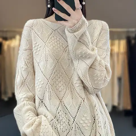 100% Merino Wool Sweater Women's Knitted Hollow O-Neck Pullover 2023 Spring and Autumn Korean Fashion Loose Cashmere Top Luxury