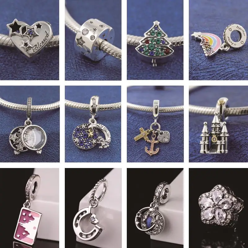 

925 Sterling Silver Beads Authentic Crescent Moon Pendant Sparkling Stars Charm Fit Original Pandora Bracelet Women DIY Jewelry