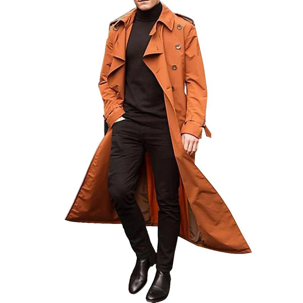 

Autumn Winter Men's Casual Solid Color Handsome Lapel Long Trench Coat Button Streetwear Windbreaker Overcoat Belt Jacket