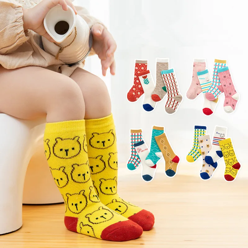 

4Pairs Pack Spring and summer cartoon boy and girl baby socks infant children long tube bright color medium tube socks