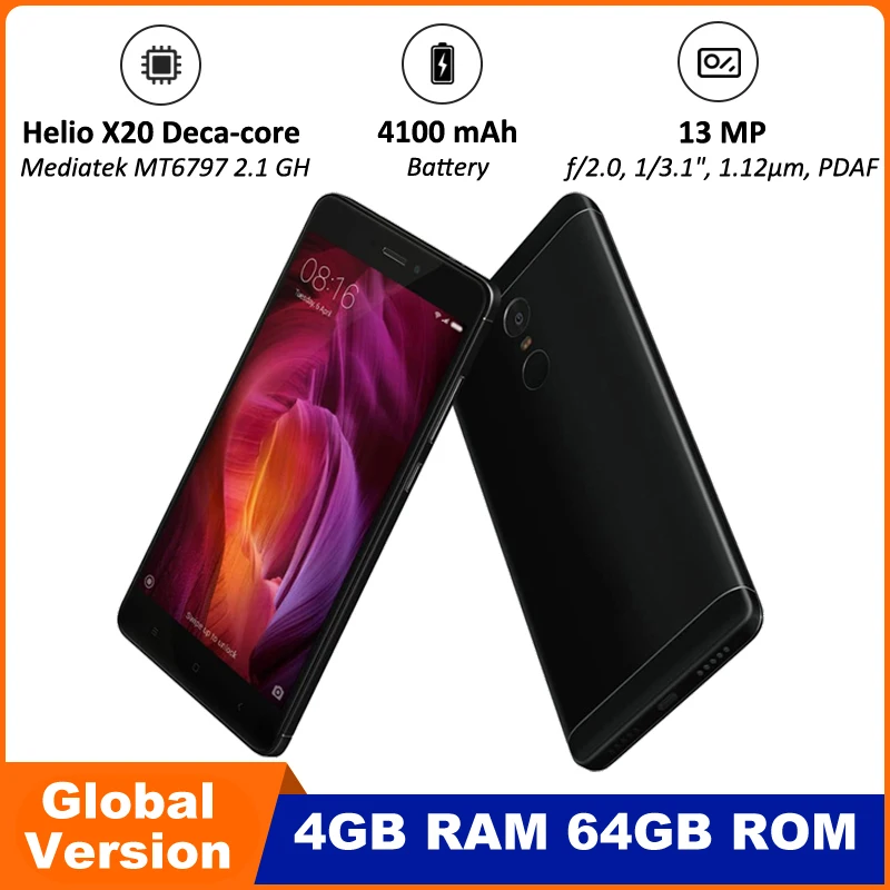 Смартфон Note 4X с процессором Helio X20 Deca-core, камерой 13 МП с функцией HDR, мобильный телефон с 4 ГБ ОЗУ и 64 ГБ памяти, аккумулятором 4100 мАч, операционной системой Android, поддержкой 4G LTE.