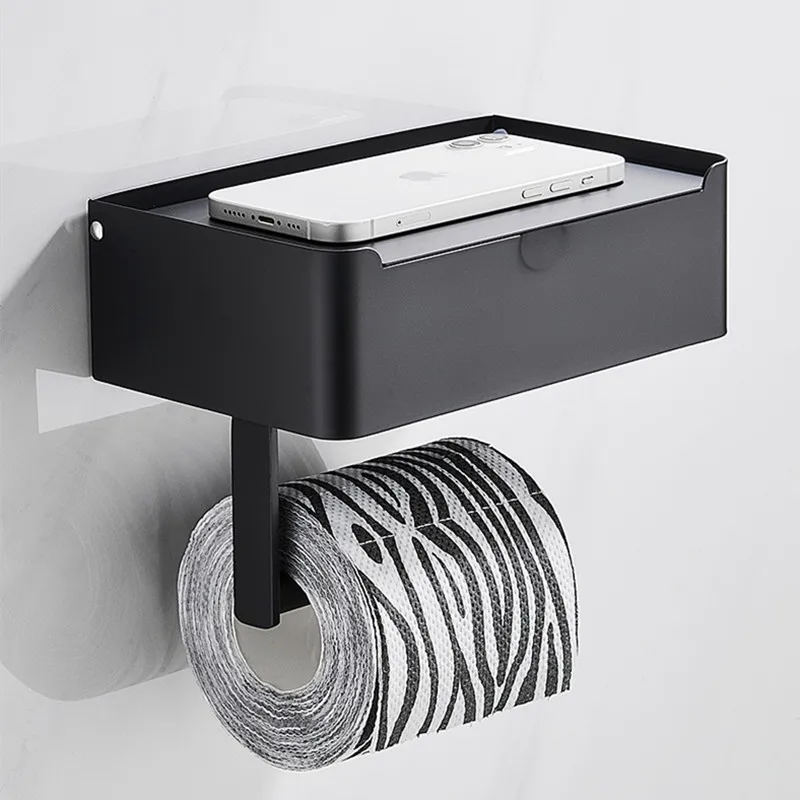 bathroom black paper holder with storage box wall mounted stainless steel phone rack toilet tissue shelf bathroom accessories free global shipping