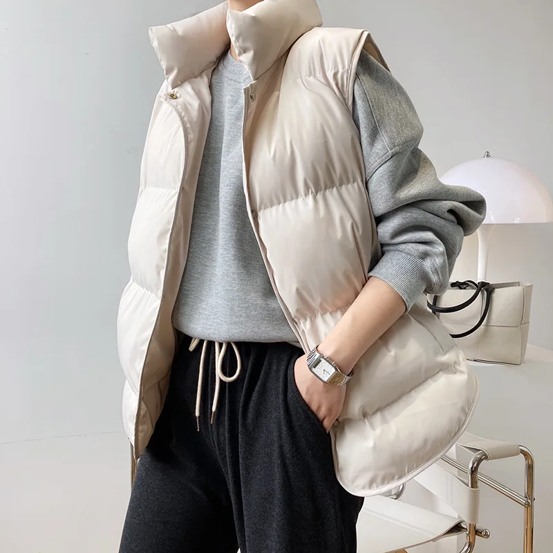 Women's White Duck Down Vest Jacket Solid Casual Commuter Cotton Sleeveless Single Breasted Stand-up Collar Jackets 2022 Winter