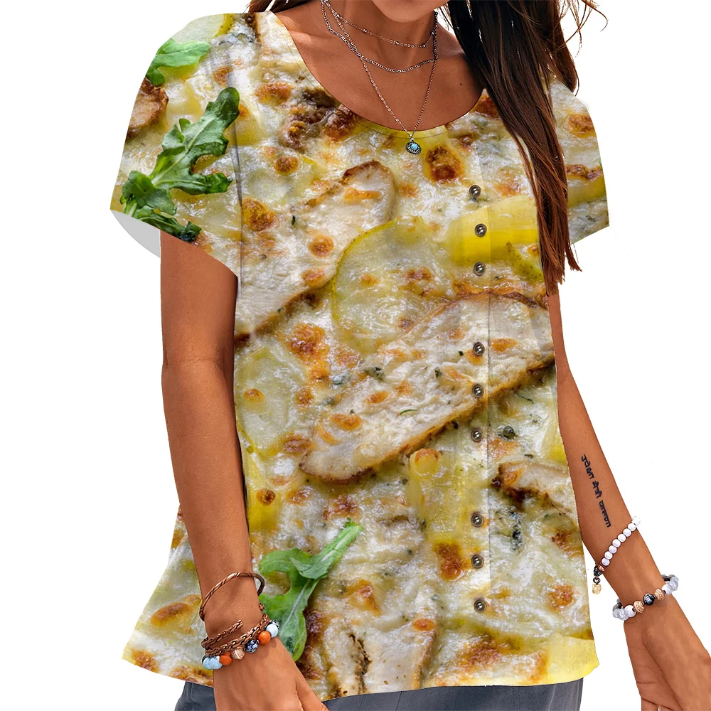 

CLOOCL Women T-shirt Potato Cutlets Pizza Graphics 3D Printed Tees Button Decorate Short Sleeve Blouse Foodie Aesthetic Shirts