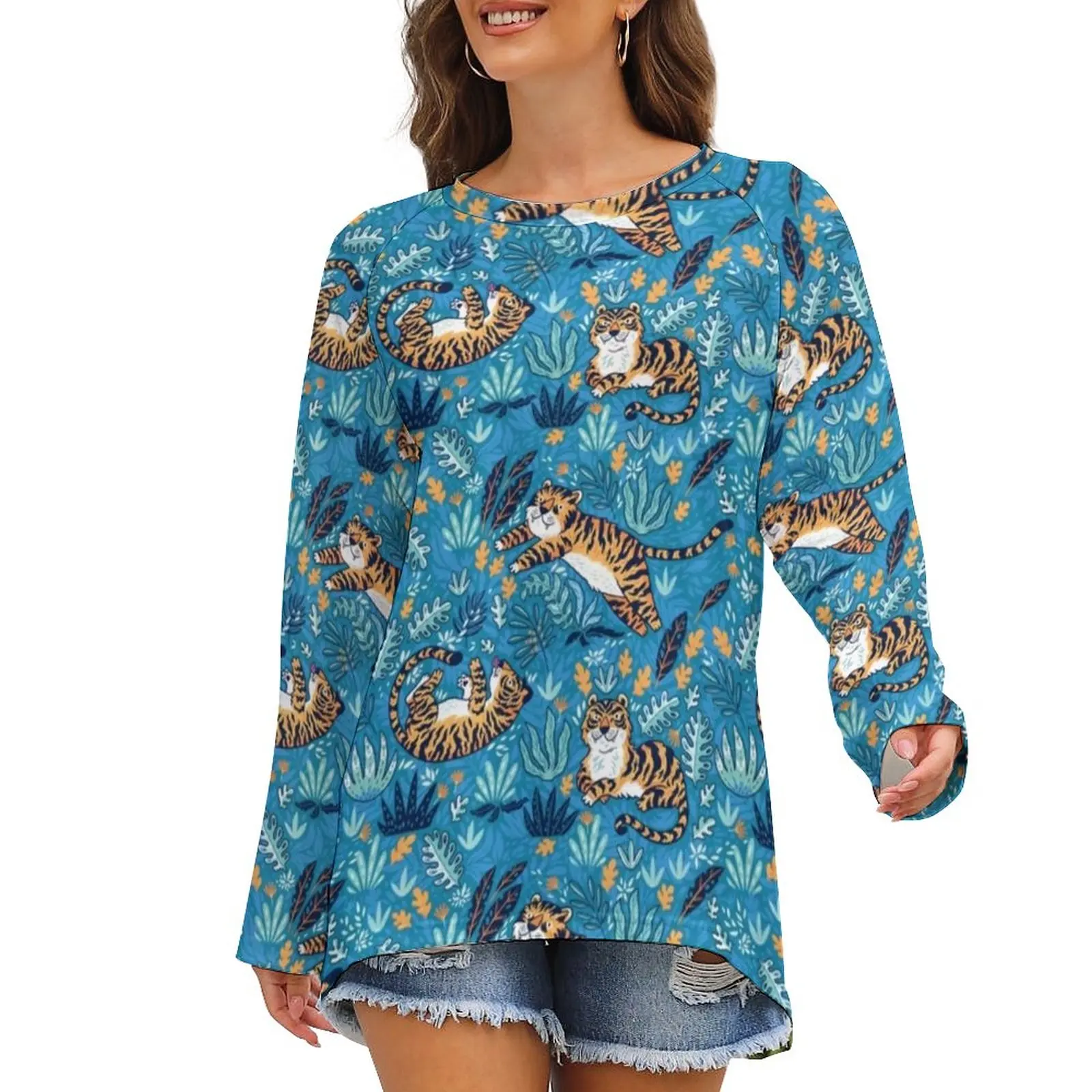 

Футболка женская оверсайз с длинным рукавом, модный топ с принтом дикого тигра и листьев джунглей, уличный стиль