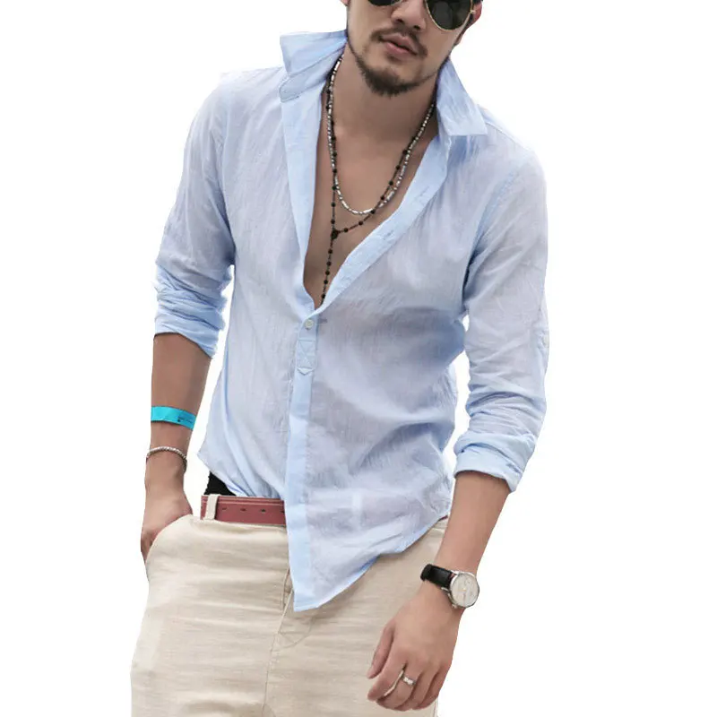 

2022 popular spring clothing new cotton men's long-sleeved solid color shirt casual cotton shirt washed linen shirt men