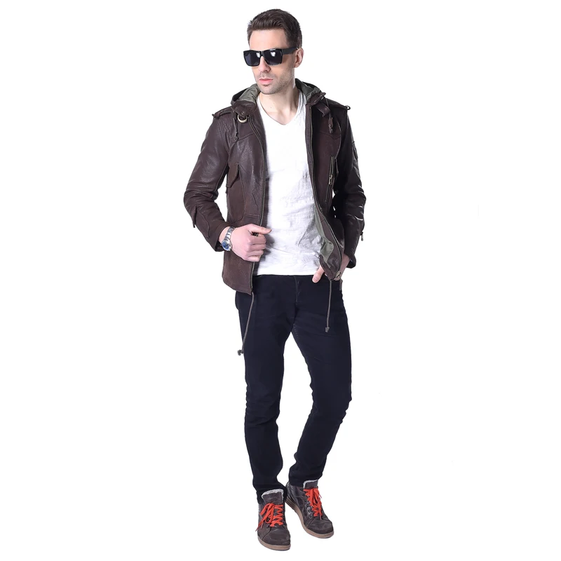Мужская кожаная куртка с капюшоном Повседневная приталенная из натуральной