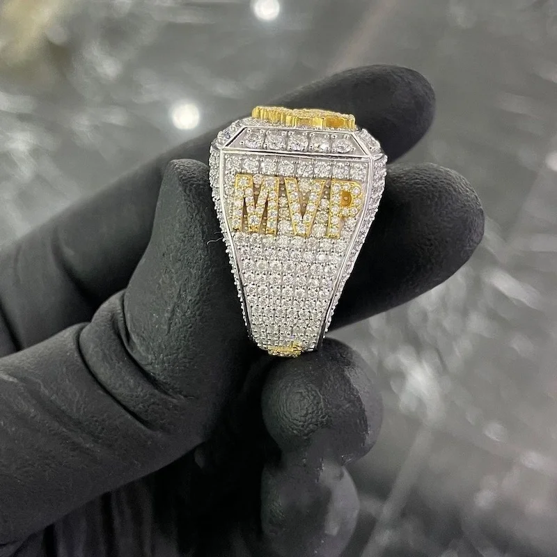 JEWE Custom Men Champion Ring Hip Hop Rapper Jewelry Sterling Silver Gold Plated Iced Out Baguette Moissanite Diamond MVP Rings
