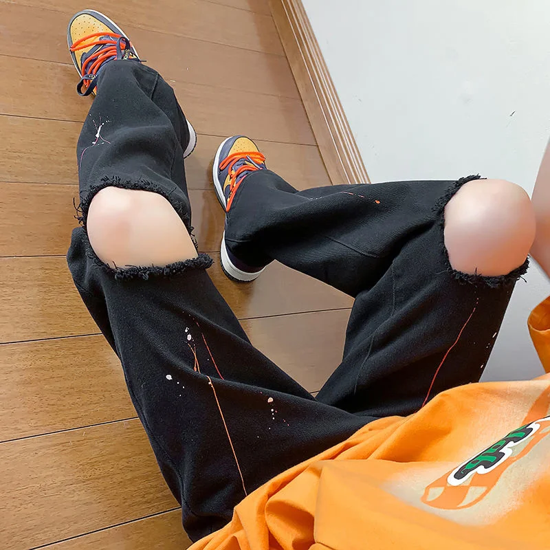 Summer 3-color Ink Splash Jeans Men Fashion Casual Straight Jeans Mens Streetwear Loose Hip-hop Holes Denim Pants Mens Trousers