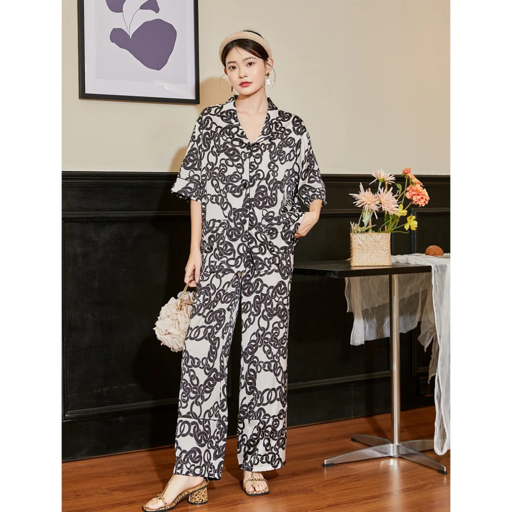 Maison Gabrielle 2022 Summer New Geometric Printed Pajamas Set Loungewear Sleepwear for Women 2 Pieces Short Sleeve Long Pants