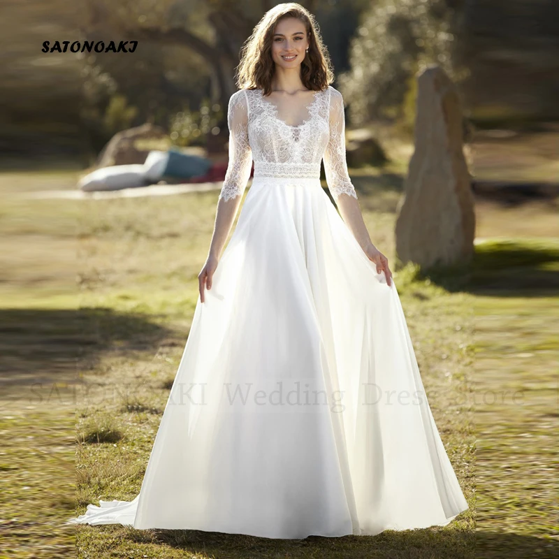 

Женское кружевное свадебное платье It's yiiya, белое шифоновое платье-трапеция с V-образным вырезом, открытой спиной и шлейфом на лето 2019