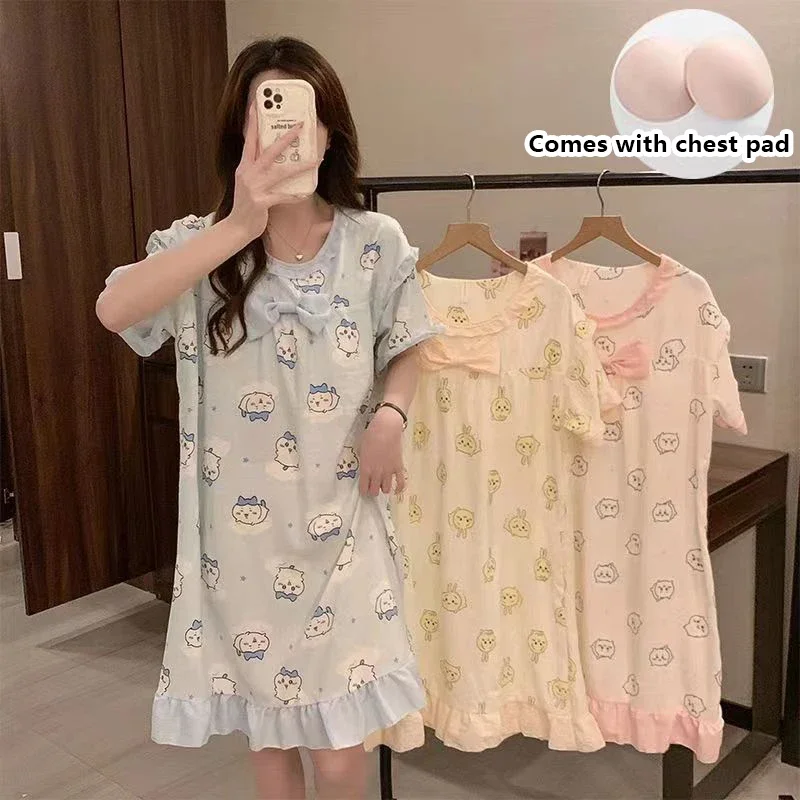 Chiikawa ночная рубашка из чистого хлопка с короткими рукавами для девочек Hachiware teksto