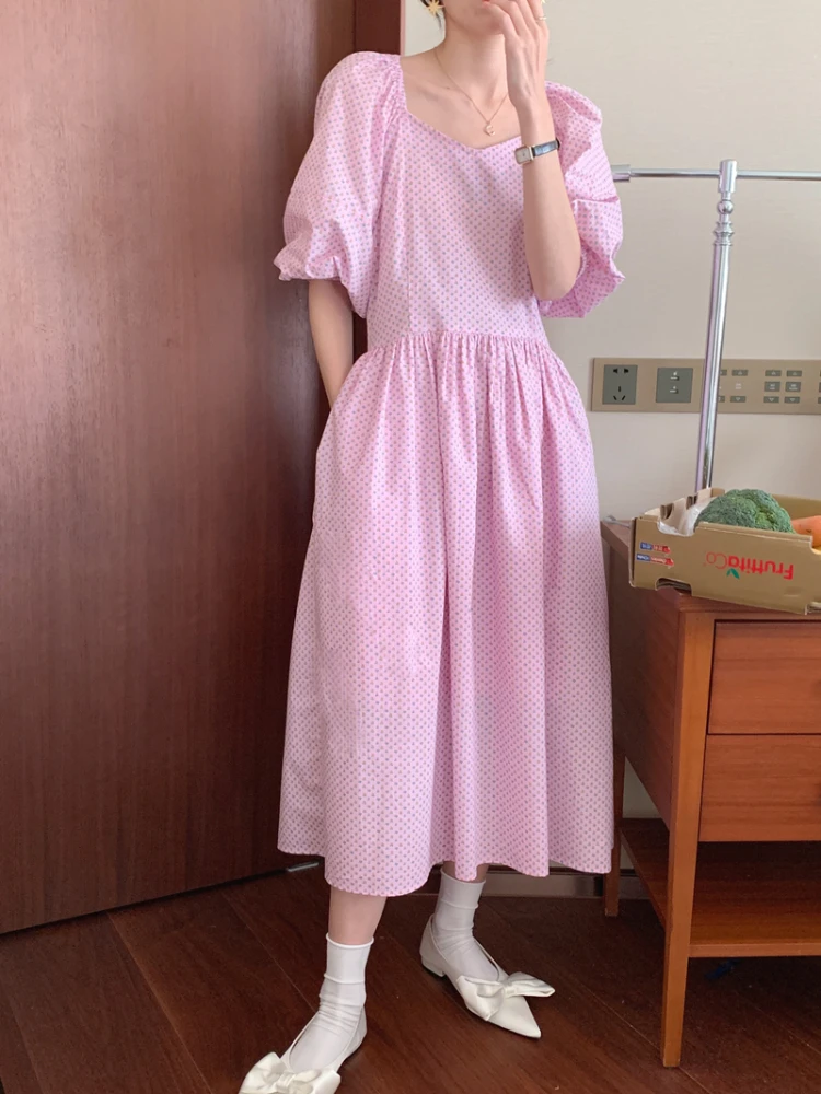 

Women Summer Pink Vintage Backless Long Floral Dress 2022 Female Puff Sleeve Square Collar High Waist A-line Sundress