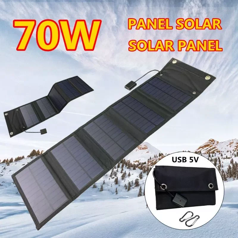 

2023New 70W Foldable USB 5V Solar Panel Power Bank Portable Waterproof Solar Panel Charger Outdoor Mobile Phone Power for Campin