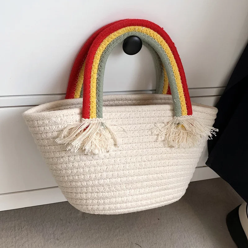 

Fashion Colorful Hand Strap Tote Bags Women Small Straw Handbags 2022 Summer New Beach Basket Bag Handmade Woven Purse Bohemia