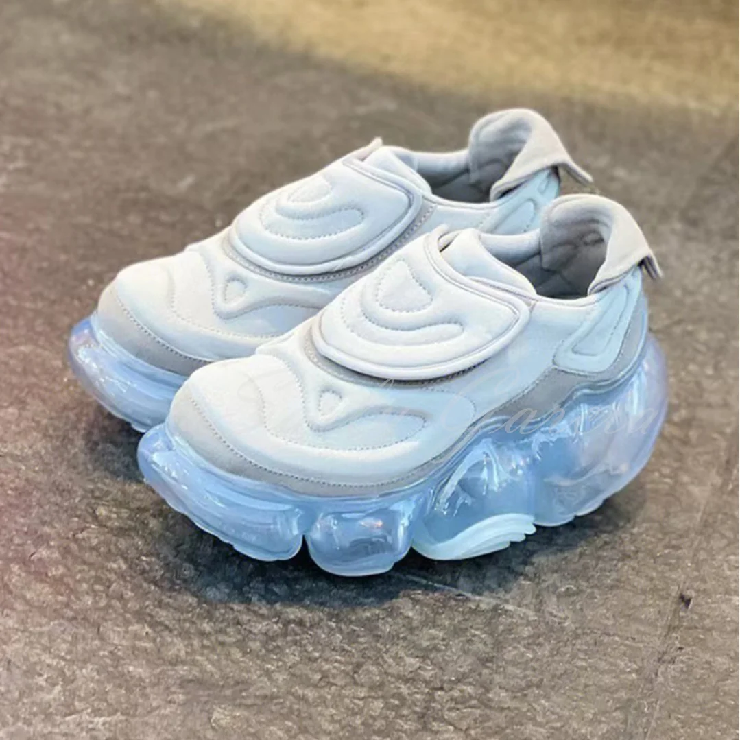 Light Blue Black Round Toe Thick Sole Air Cushion Bubble Transparent Heel Height Increasing  Leisure Sneakers Shoes For Women