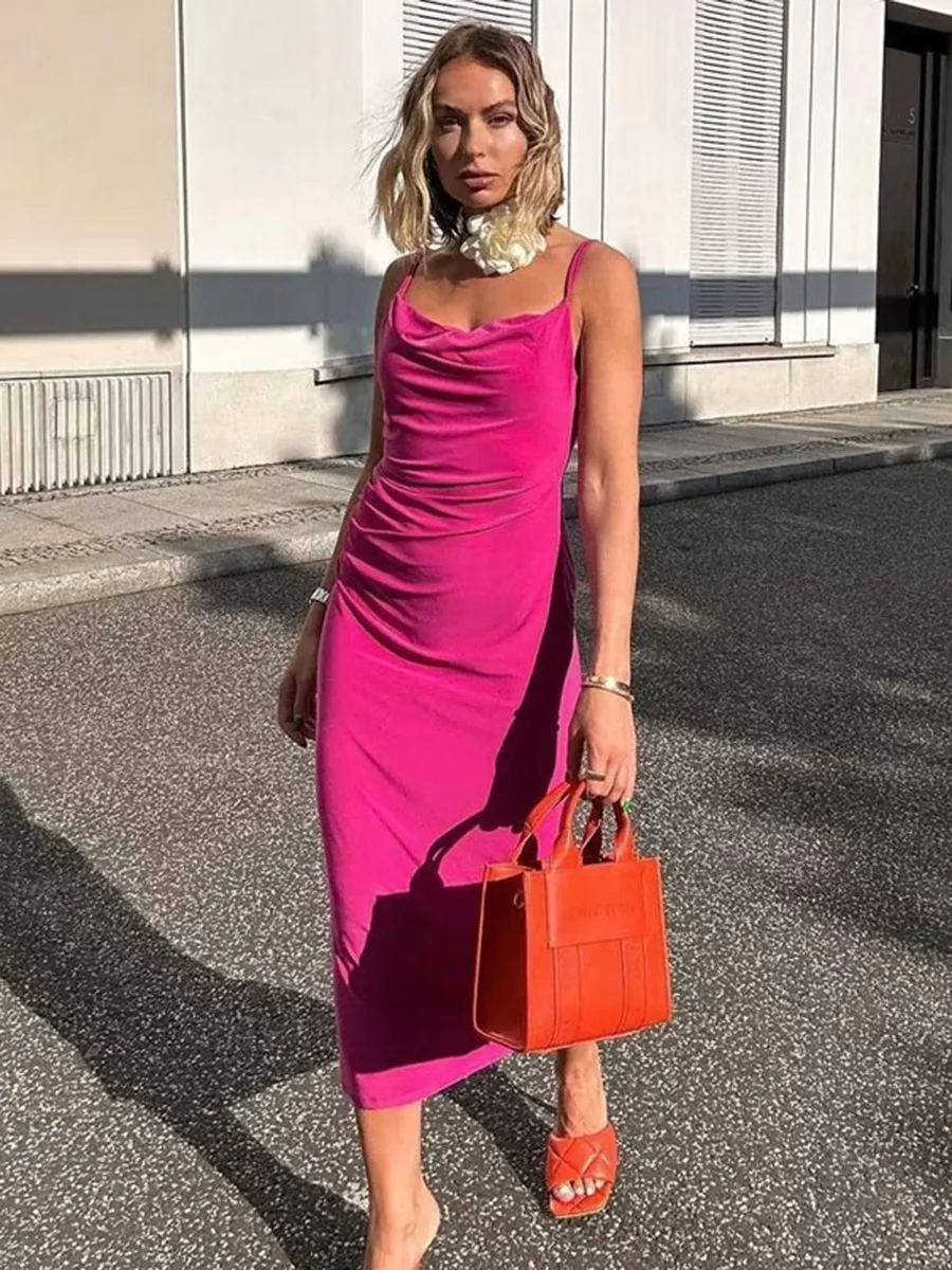 

Женское облегающее платье-миди на бретельках, длинное платье с открытой спиной и рюшами, лето 2023