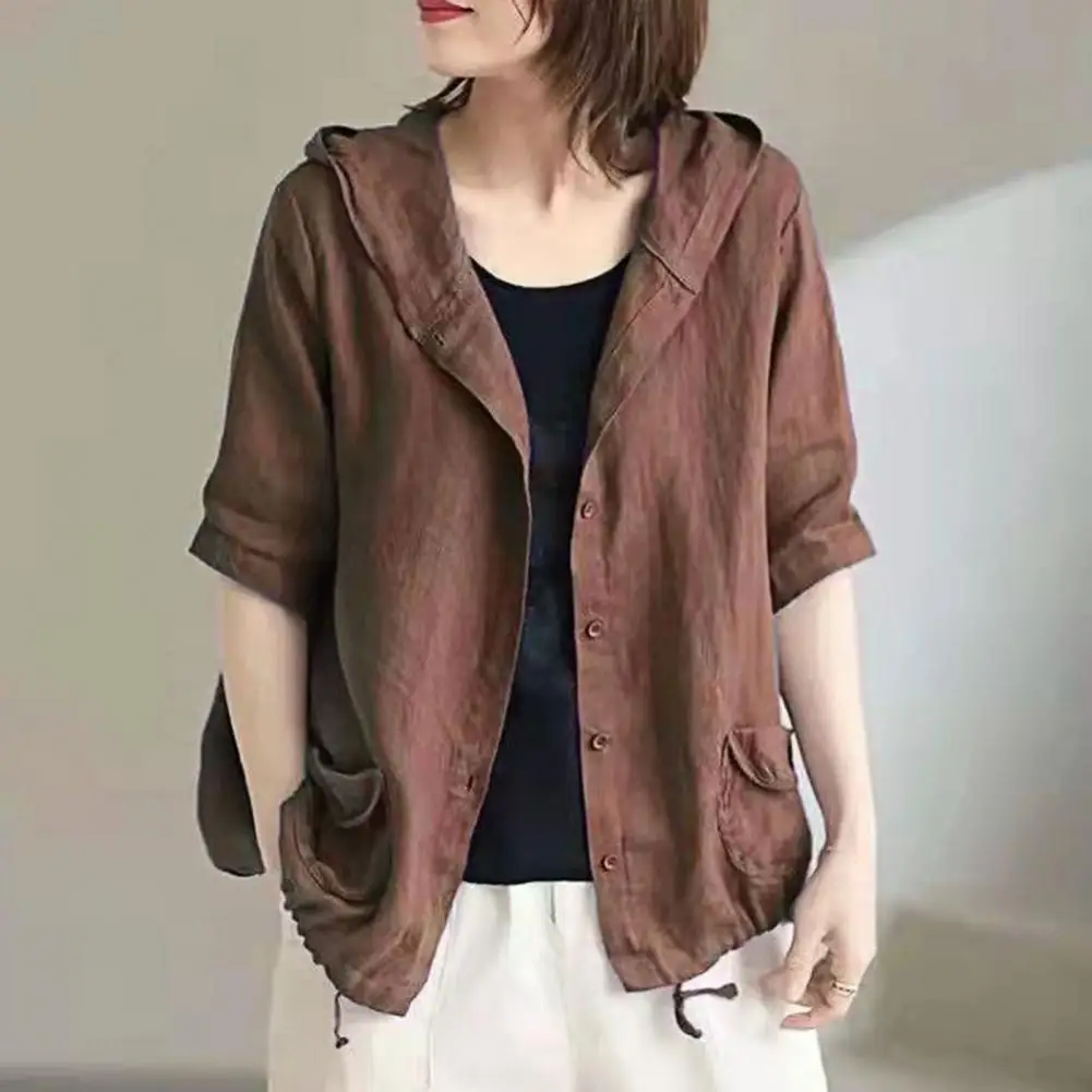

Chic Hooded Single-breasted Autumn Jacket Lady Jacket Pockets Drawstring