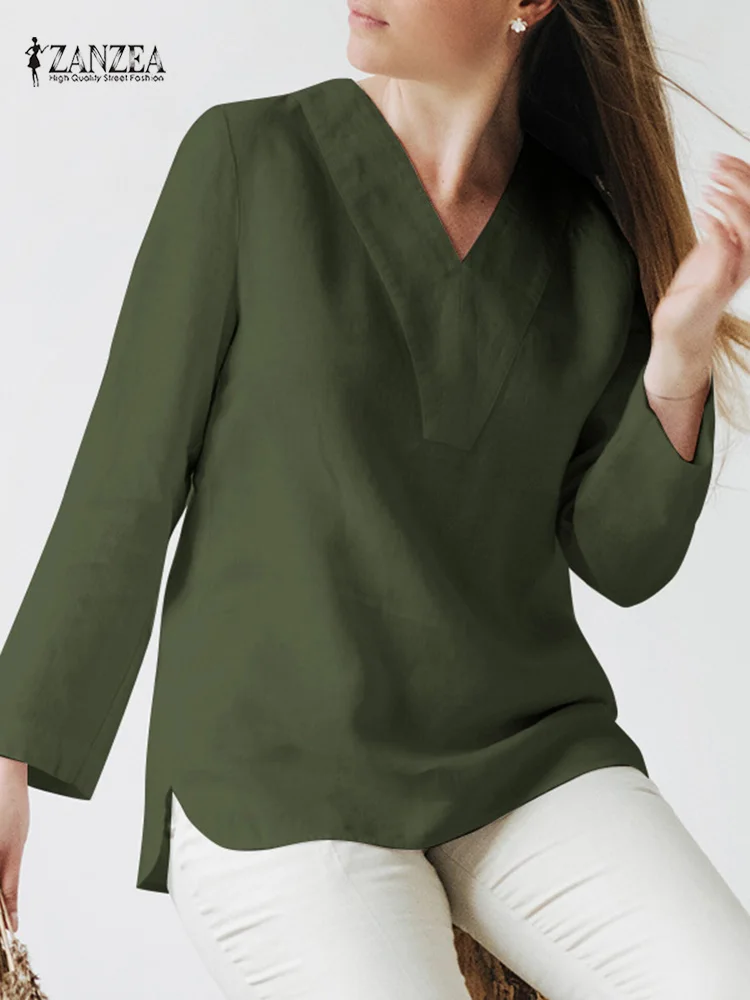 

ZANZEA 2022 Women Autumn Blouses kaftan Solid Tops Casual Long Sleeve Blusas Female V neck Split Tunic Chemise Oversized