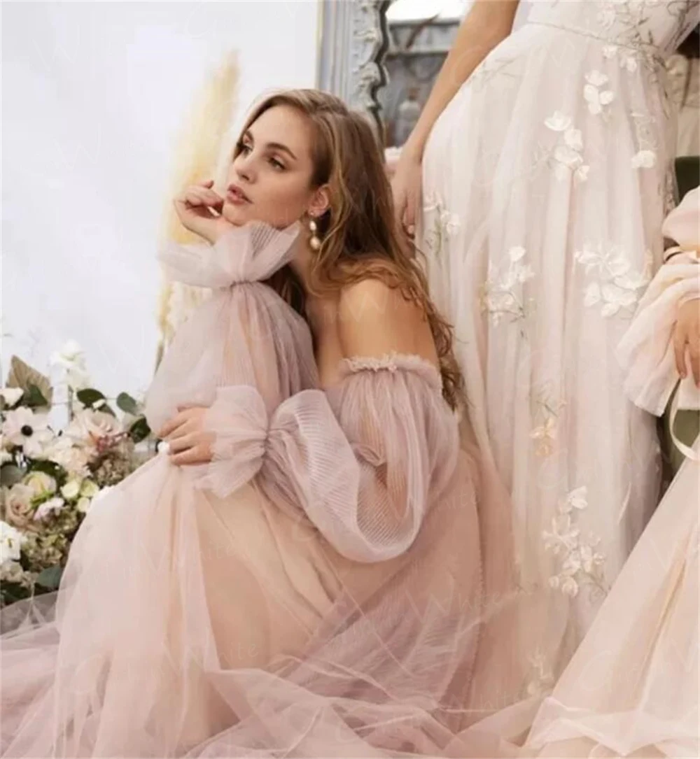 Dusty Pink Puffy Wedding Dress Romantic Backless Sweetheart Bride Dresses Bridal Gown Off Shoulder  Vestidos de novia 2022
