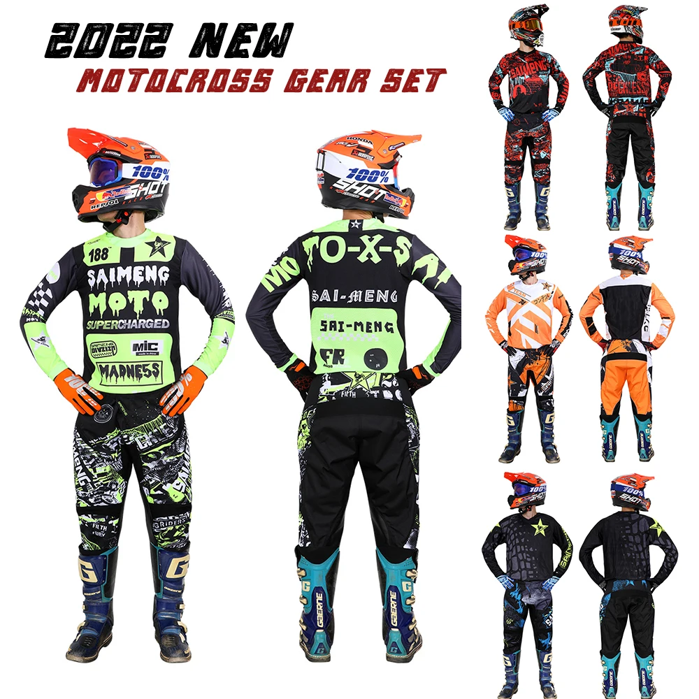 High quality SAIMENG Racing Motorcycle Racing Gear Set Motocross Jersey Pants Combo Men Moto Enduro Suit Off-road ATV MTB Outfit