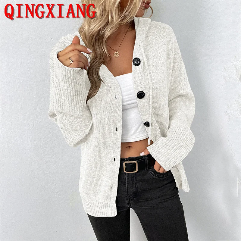 

3 Colors S-XL Fine Yarn Knitted Loose Sweater Coat With Hooded Wear Fashion Women Button Cardigans Long Sleeves Knitwear