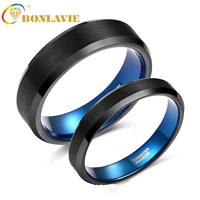 bonlavie 4mm 6mm tungsten carbide ring black and blue beveled brushed ring men and women couple engagement ring jewelry