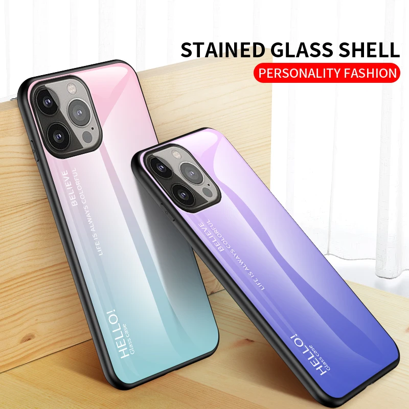 

For IPhone 14Pro 13Pro 12Pro Max XR XSMAX 8 7 6S Plus SE2020 Gradient Glass Phone Cases Dazzle Color shell Tempered Glass Cover