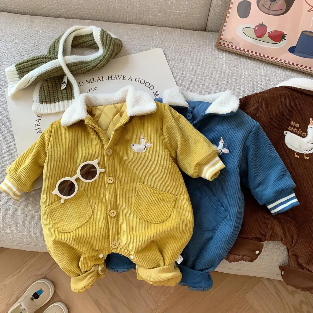 

Winter Baby Boy Clothing Corduroy Romper Fleece Turn Collar Jumpsuit Baby Girls Cotton Padded Coats Long Sleeve Toddler Outfits