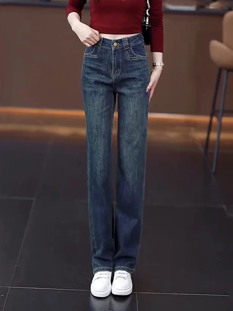 Узкие широкие джинсы больших размеров на флисовой подкладке женские с высокой