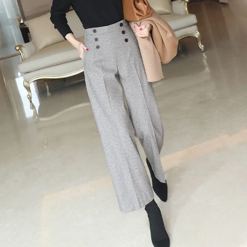 

2022 New Woolen Pants Women's Herringbone Pattern Loose Wide-Leg Pants High Waist Slimming Thick Trousers Korean Casual Pant