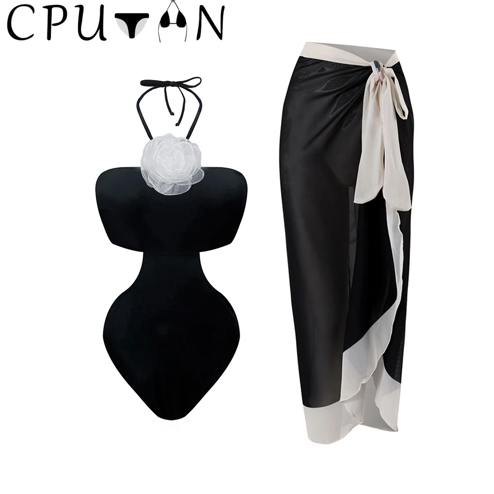 

CPUTAN 2023 Sexy 3D Flower Single Piece Swimwear Skirt Women Black Swimsuit Beach Girls Bikini Set Cut Out Swimming Suit Dress