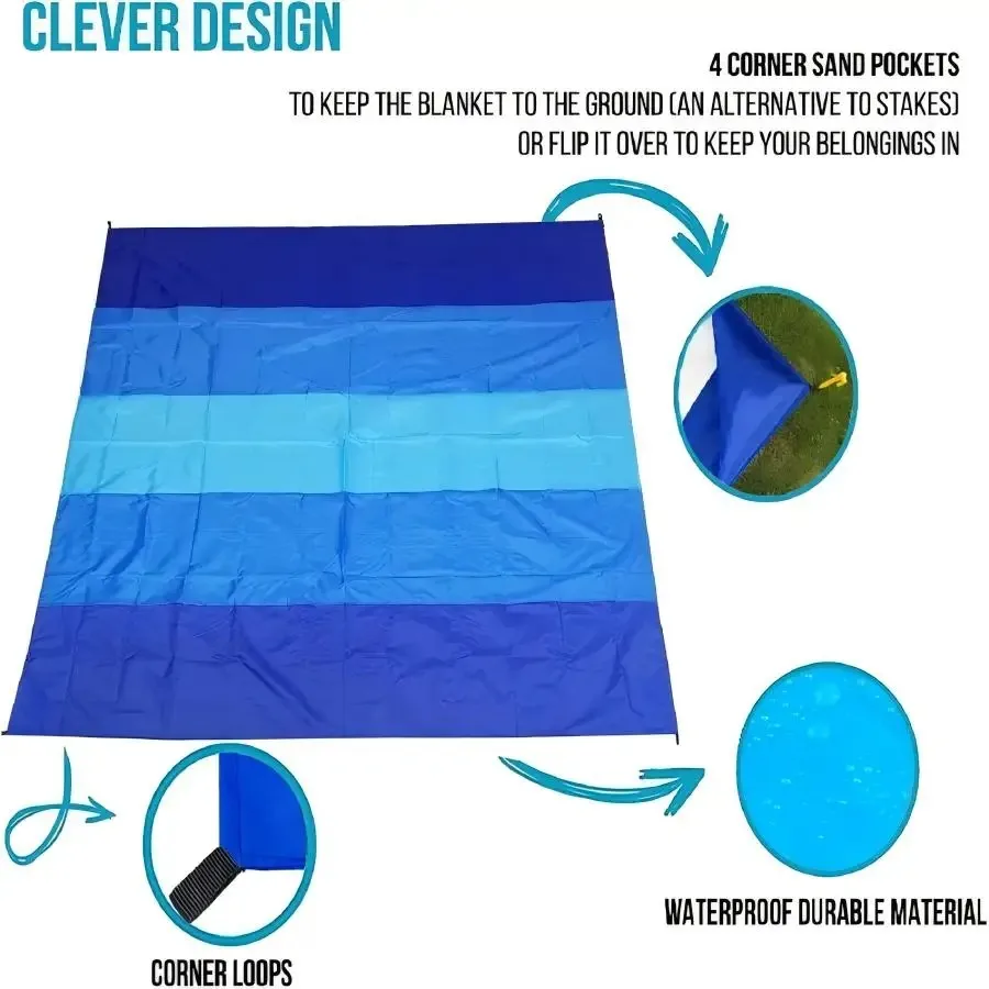 Фото Пляжный коврик SSUNTAK Large Sand Free Beach Mat Color Block из ткани Оксфорд рипстоп с колышками, складной, защищающий от песка, для пляжа и морского побережья №5