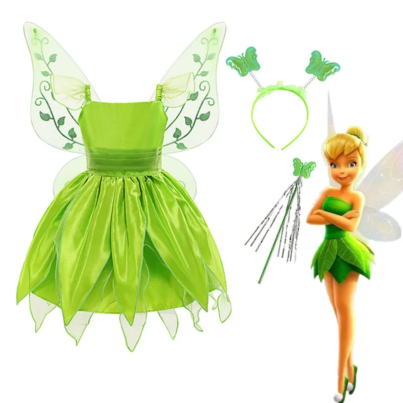 

Disney Cosplay Tinkerbell Princess Baby Girls Halloween Party Green Flower Fairy Dress Elf Costume with Butterfly Wings 2-10Y
