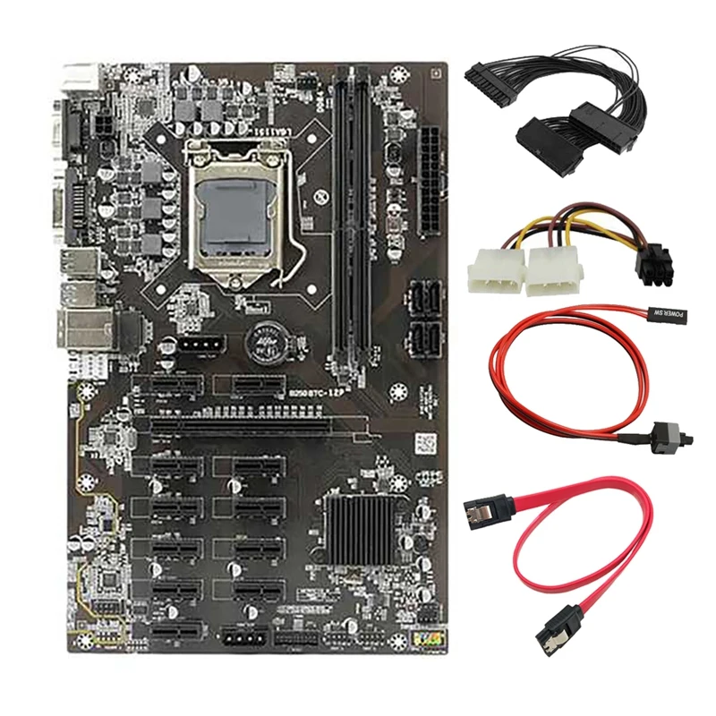 

AU42 -B250B BTC Mining Motherboard with Graphics Power Cable+24Pin Power Cable+Switch Cable 12 PCI-E Slot LGA1151 DDR4 RAM