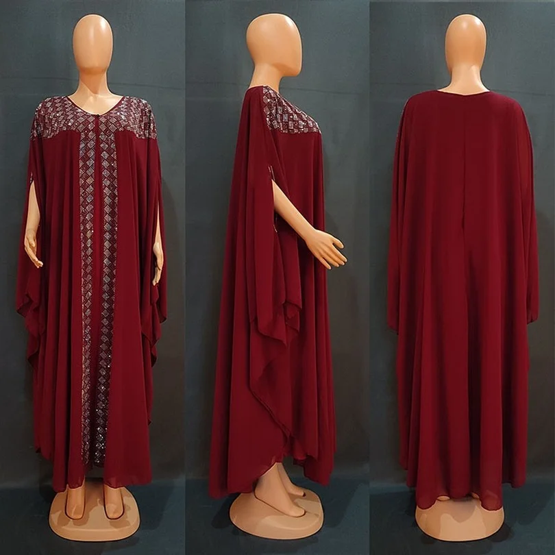 

loose New African women's clothing Dashiki Chiffon material Color full drill Long dress with orange underlining two piece set