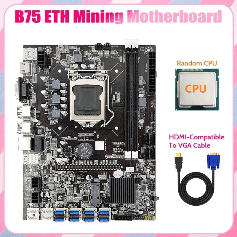 B75 ETH Mining Motherboard 8XPCIE USB Adapter+Random CPU+HD To VGA Cable LGA1155 MSATA DDR3 B75 USB Miner Motherboard