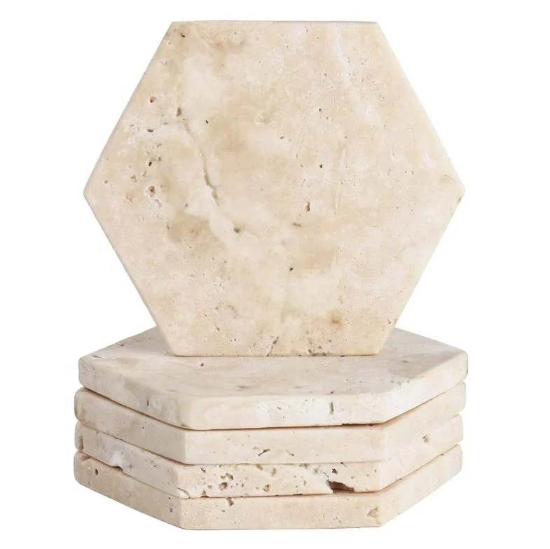 

Customized Wholesale 100 PCS Hexagonal Marble Coaster Natural Cream Travertine Stone Drink Coaster