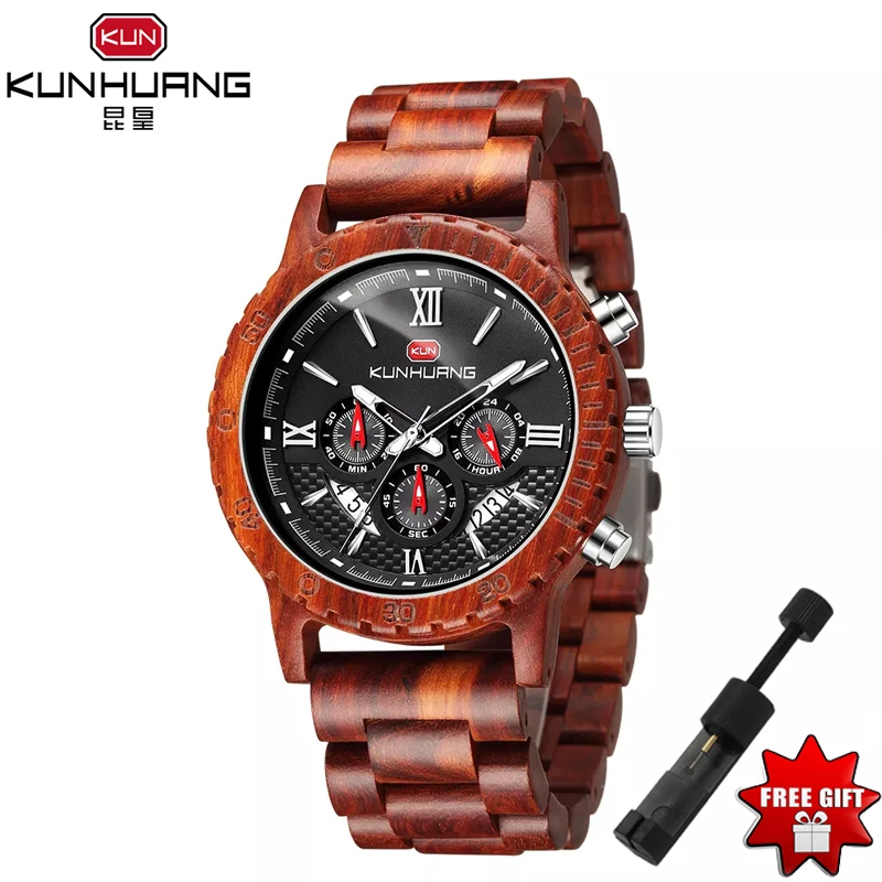 

Wood Watches for Men Retro Chronograph Military Watch Full Natural Wooden Band Clock Men Quartz Calendar Wristwatch Reloj Hombre
